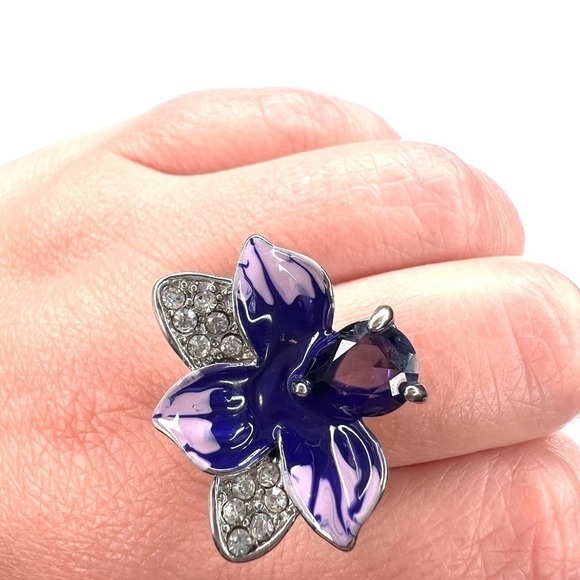 Sterling Silver Purple Orchid Flower Ring Enamel Rhinestone  Statement - Picture 7 of 9